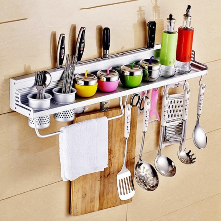 Stainless Steel Wall Mounted Kitchen Rack – Space-Saving Storage Organizer for Utensils and Bottles