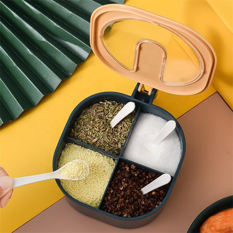 LjLi Set of 4 Seasoning Box with lid and 4 Spoons, Spice Box Four Compartment Container Kitchen Condiment Storage Organizer Jar Spice Pots Shaker with handle for Pepper, Salt, Sugar, Cruet, Blue
