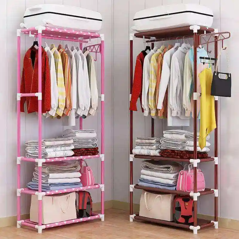 Multi-Layer Portable Clothes Hanging Rack with Shelves & Side Hooks