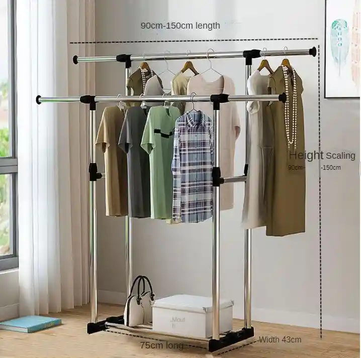 Adjustable Double Pole Clothes Hanger & Drying Rack – Stainless Steel Portable Garment Stand