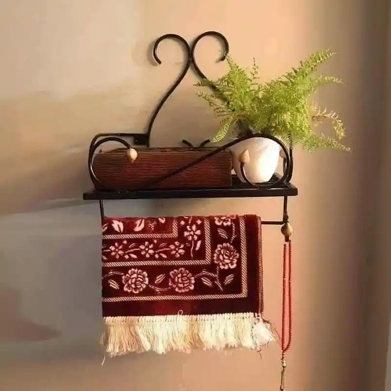 Wall Mounted Metal Janamaz Holder Shelf with Hook – Decorative Prayer Mat Stand &