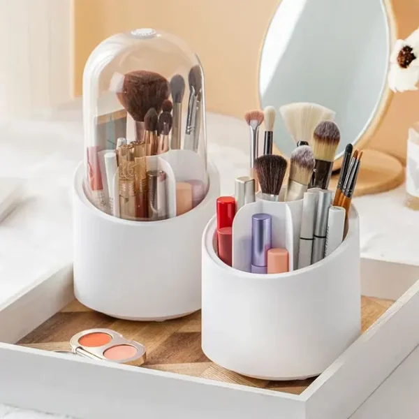 360° Rotating Makeup Brush Organizer with Dustproof Clear Dome Lid (7 Compartment Storage Holder)